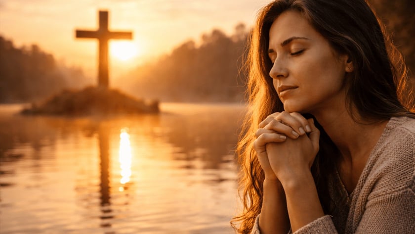 Mulher de olhos fechados e mãos unidas, ao lado de uma Bíblia aberta, diante de um lago.