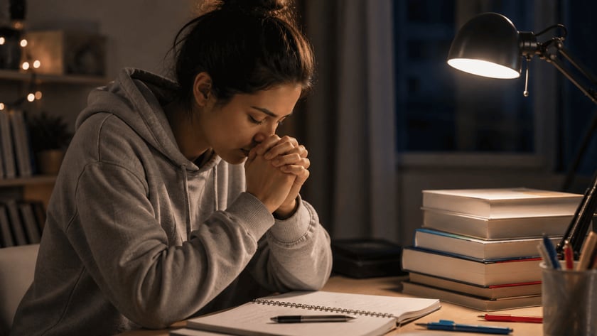 Mulher de moletom cinza, de olhos fechados e mãos unidas junto ao rosto, à mesa com livros.