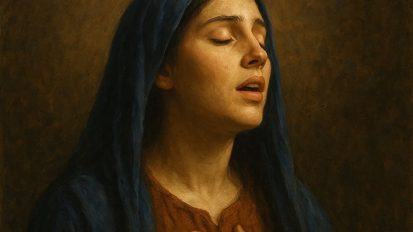 Mulher de manto azul na cabeça, olhos fechados, com a mão sobre o peito.