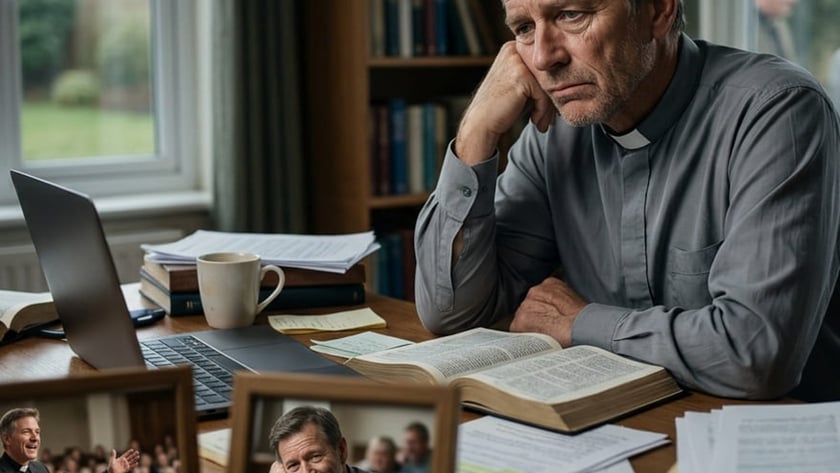 Padre de camisa cinza com colarinho clerical apoia o rosto na mão, à mesa com Bíblia e papéis.