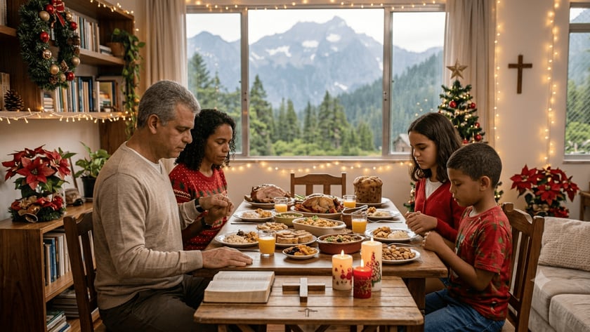 Família de quatro pessoas reza de mãos dadas à mesa de Natal farta, diante de montanhas.