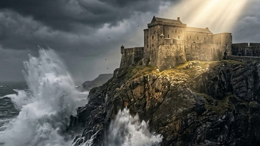 Fortaleza de pedra no alto de um penhasco rochoso, atingido por ondas enormes.