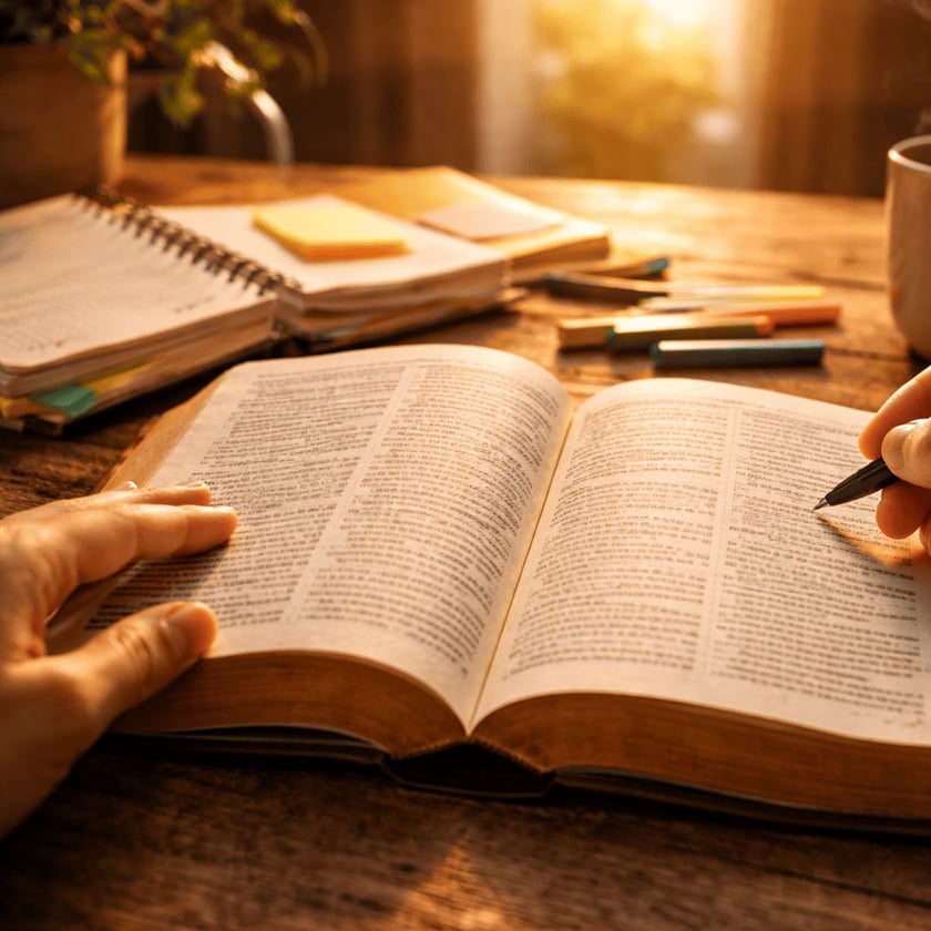 Mãos de uma pessoa sobre um livro aberto, com caneta, cadernos e xícara na mesa.
