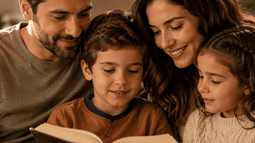Pai, mãe, menino e menina sorriem enquanto leem juntos um livro grande no sofá.