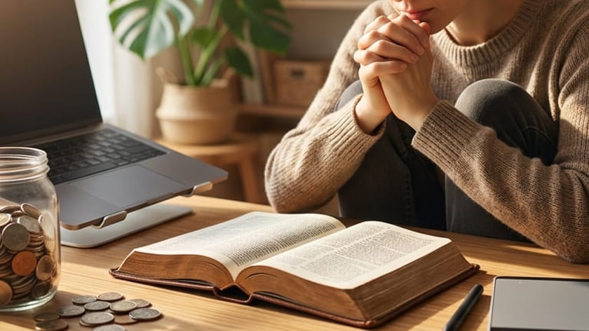Mulher de cabelo curto reza de olhos fechados à mesa, com Bíblia, moedas e notebook.