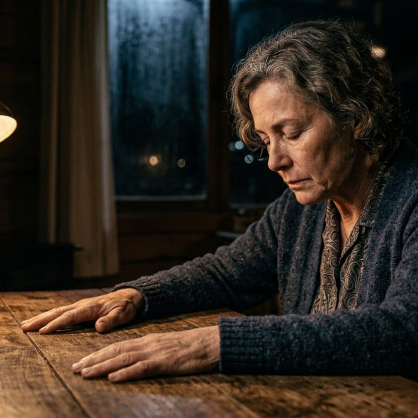 Mulher de cabelo grisalho e cardigã escuro apoia as mãos numa mesa de madeira