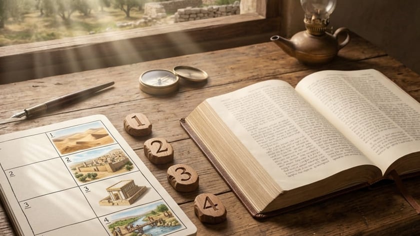Mesa rústica com Bíblia aberta, caderno de quatro cenas numeradas, fichas de madeira e lamparina.