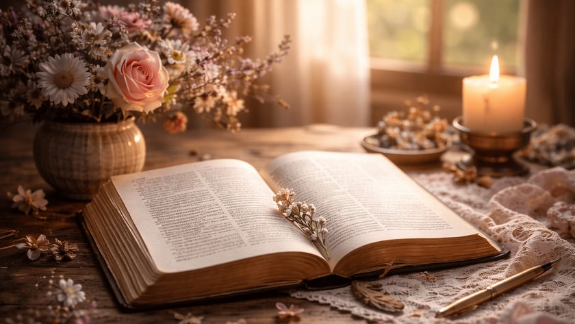 Livro aberto com flor seca entre as páginas, sobre mesa de madeira com vela e flores.