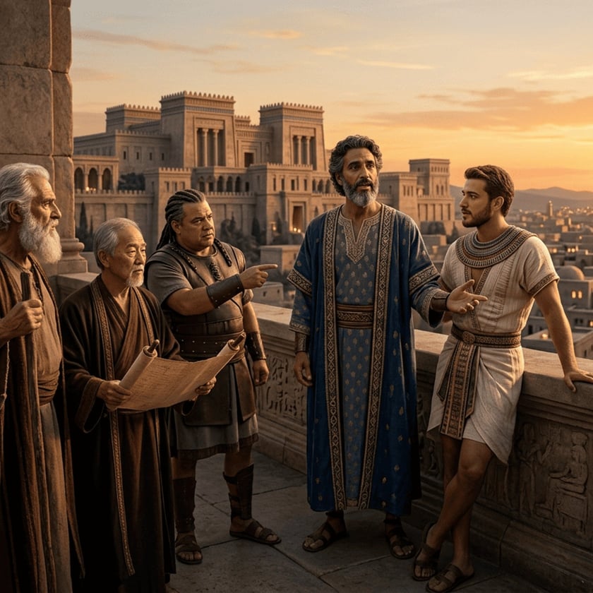 Cinco homens conversam numa sacada de pedra diante de uma grande cidade antiga ao entardecer.