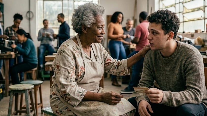 Idosa de avental toca o ombro de um jovem que segura um cartão.