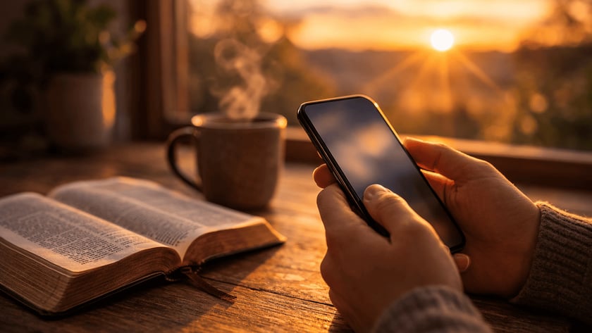 Mãos seguram um celular ao lado de uma Bíblia aberta e uma xícara fumegante.