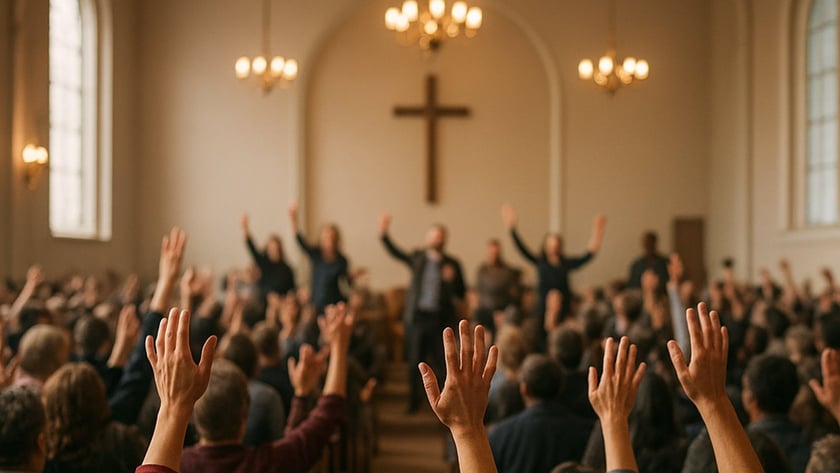 Fiéis de braços erguidos em uma igreja, com uma grande cruz de madeira na parede ao fundo.