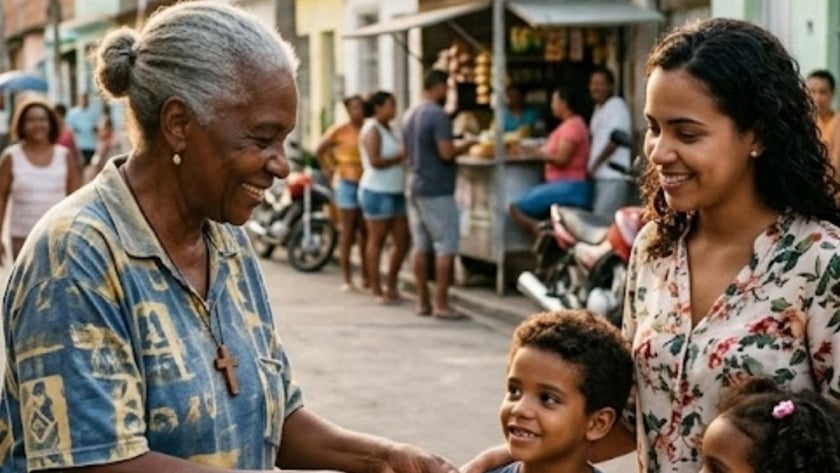 Mulher e duas crianças recebem sacola de verduras de idosa em rua de bairro.
