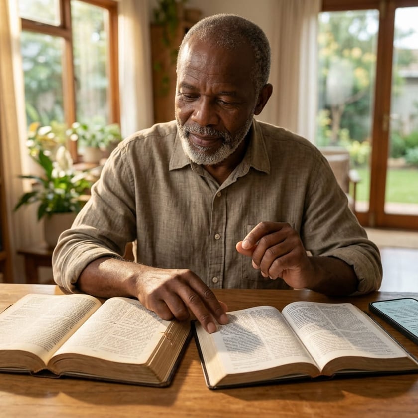 Homem idoso de barba grisalha lê dois livros abertos sobre uma mesa de madeira.