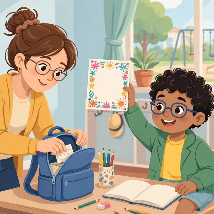 Professora guarda envelope na mochila enquanto um menino de óculos ergue uma folha decorada em sala