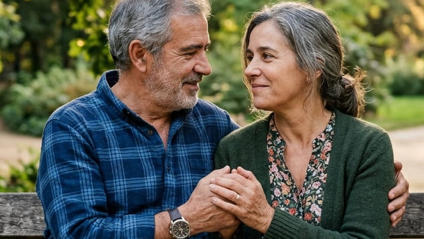 Casal de meia-idade sentado em um banco de parque, de mãos dadas, olhando-se.