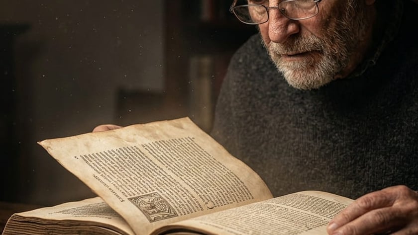 Homem idoso de barba e óculos lê um livro antigo aberto sobre uma mesa de madeira.