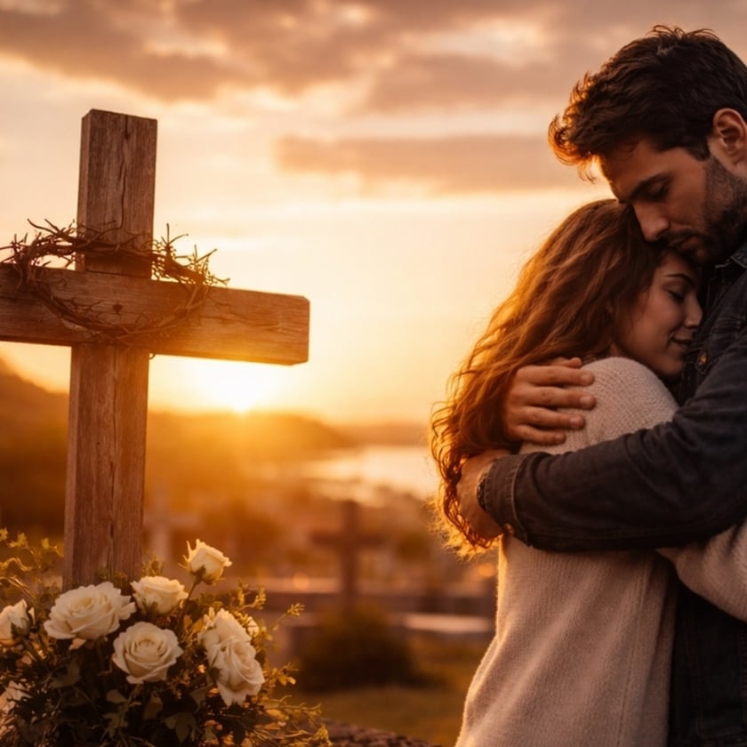 Homem e mulher abraçados ao lado de uma cruz de madeira com rosas brancas.