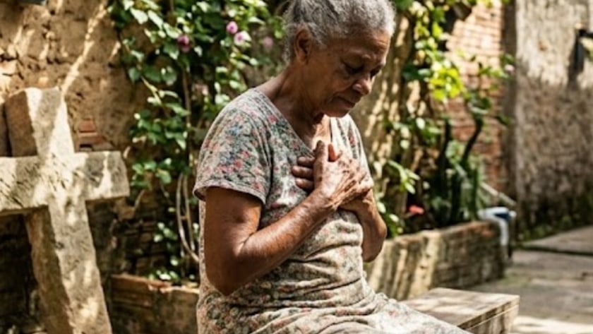 Idosa de vestido florido sentada num banco de madeira, com as mãos sobre o peito, em um quintal.