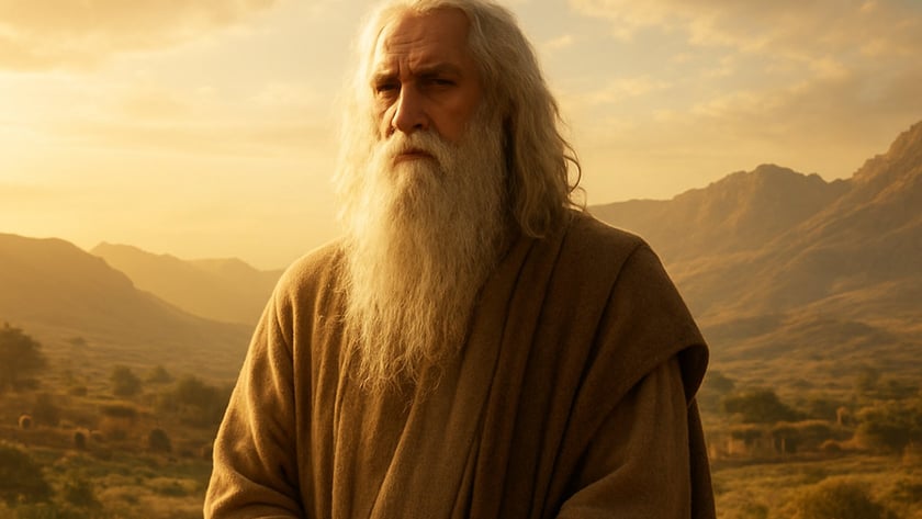 Homem idoso de barba e cabelos longos brancos, com manto marrom, em paisagem montanhosa.