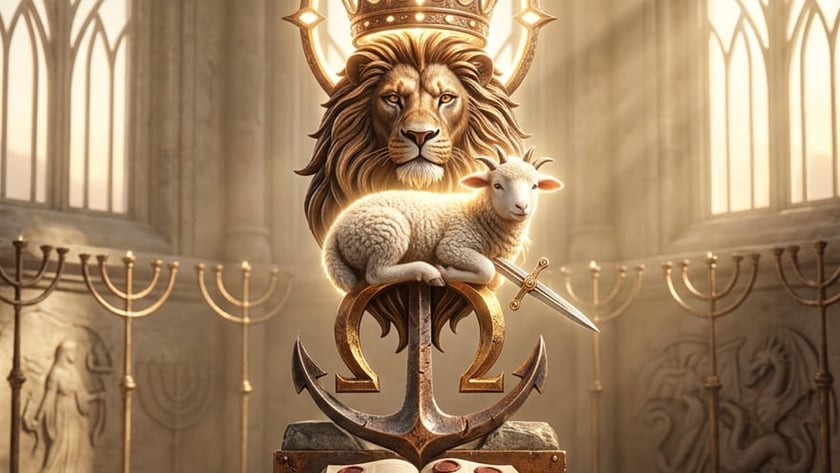 Leão coroado com um cordeiro deitado sobre uma âncora e um ômega, diante de candelabros.