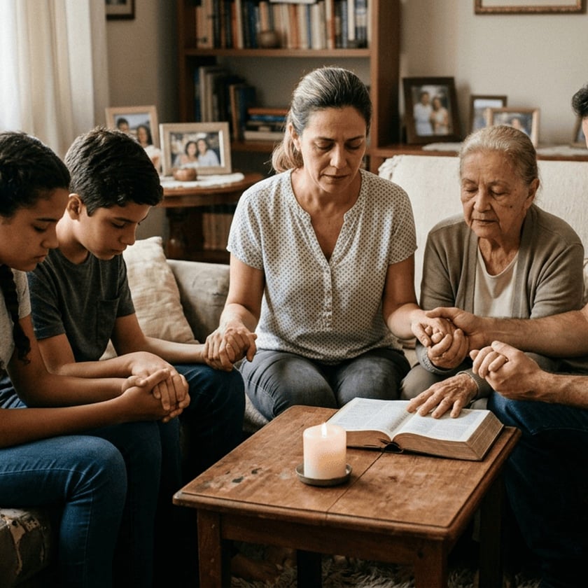Família de mãos dadas em oração ao redor de uma Bíblia aberta e uma vela na sala.
