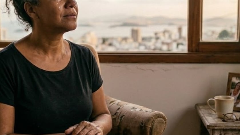 Mulher chorando em poltrona, com as mãos sobre um livro, olha pela janela.