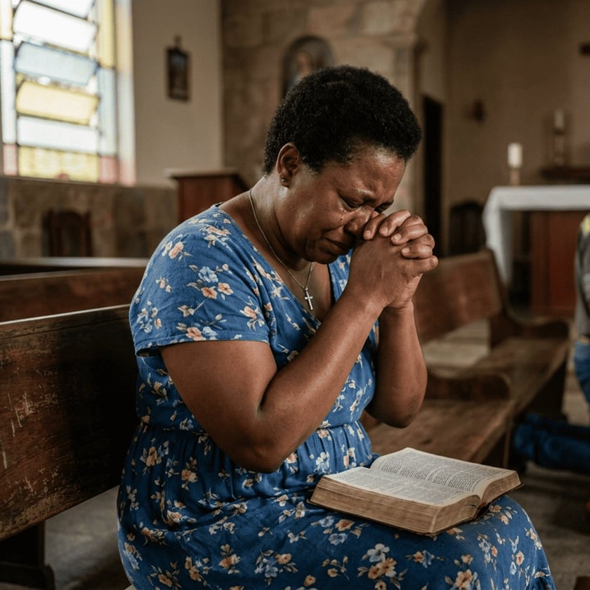 Mulher de vestido florido, com as mãos unidas junto ao rosto, ora num banco de igreja.