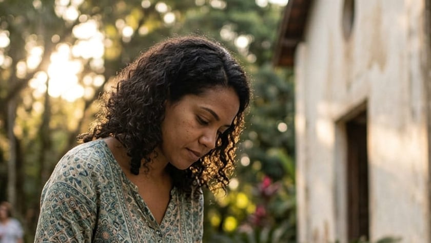 Mulher de cabelo cacheado escreve em caderno, com Bíblia aberta no colo, sentada ao ar livre.