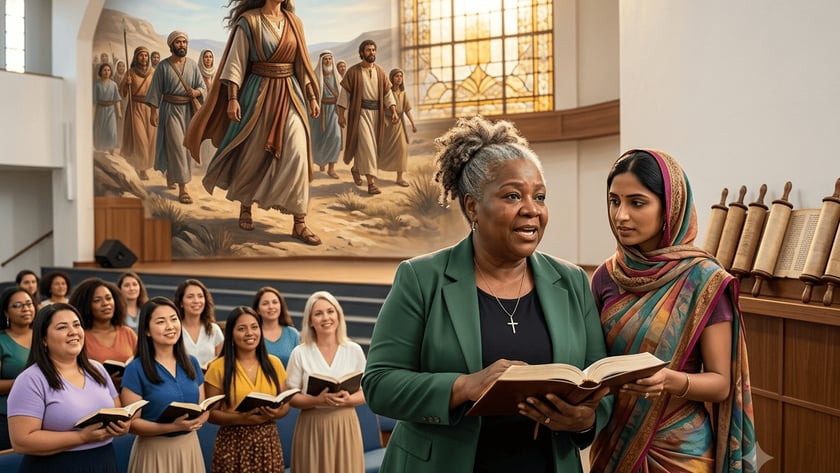 Mulheres seguram Bíblias numa igreja, diante de um mural bíblico com uma mulher à frente de um povo.