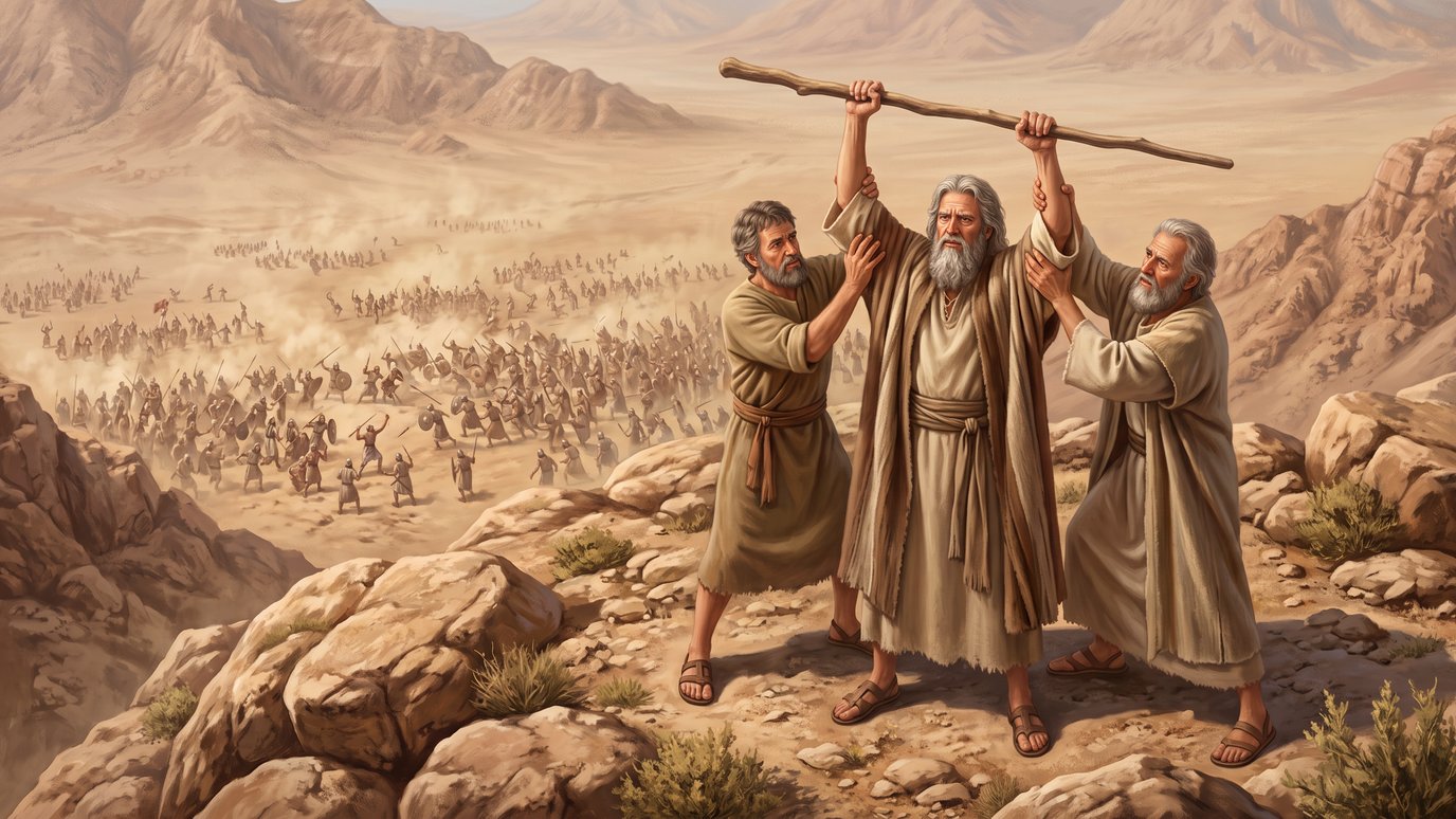 Dois homens seguram os braços de um idoso que ergue um cajado diante de um exército no deserto.