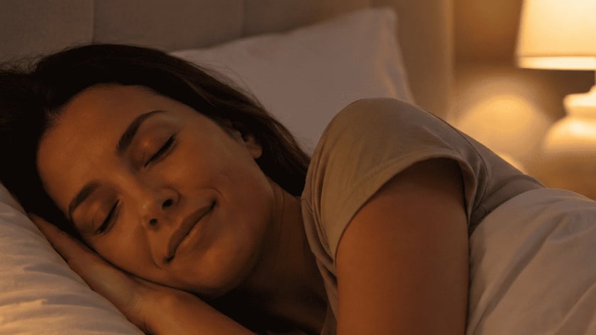 Mulher dormindo de lado na cama, com edredom branco e abajur aceso ao fundo.