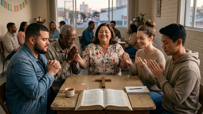 Cinco pessoas oram ao redor de uma mesa com Bíblia aberta e cruz de madeira.