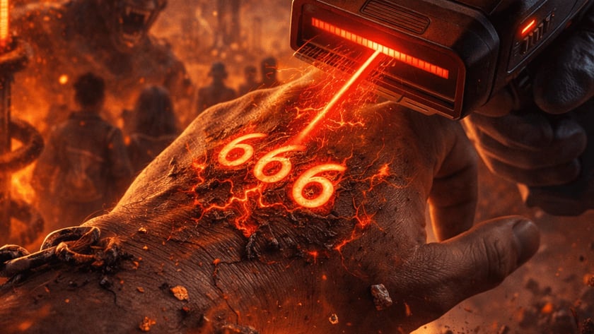 Leitor de código de barras escaneia "666" brilhante em mão acorrentada