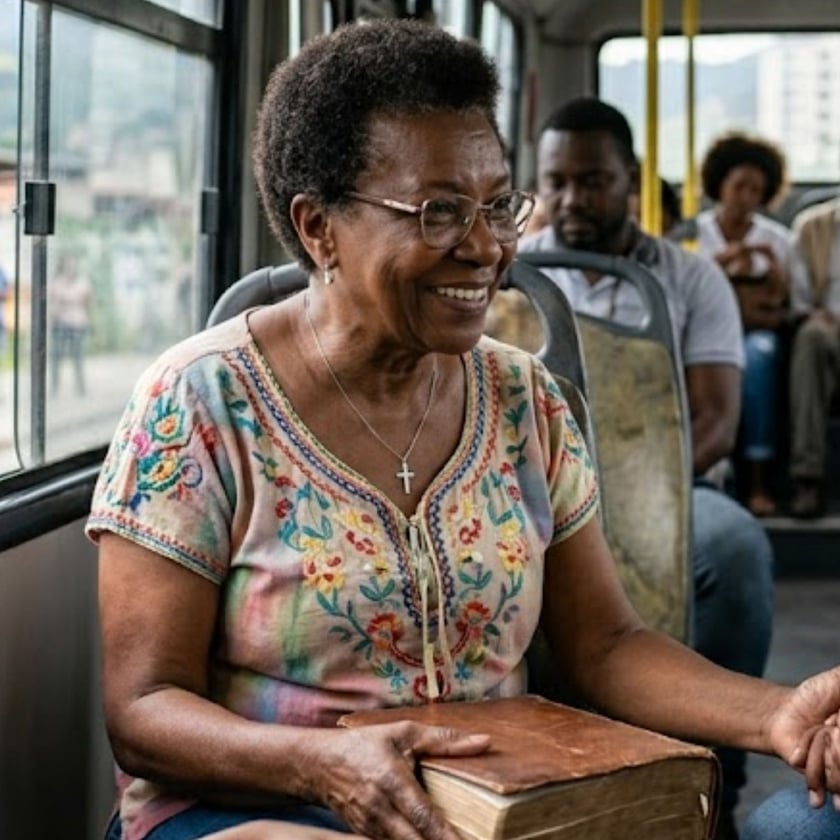 Idosa sorridente de óculos, com um livro no colo, sentada num ônibus ao lado de uma criança.