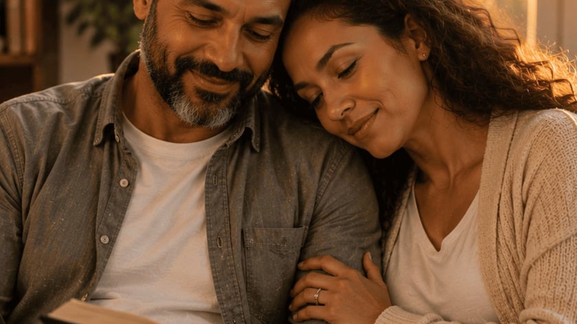 Casal sentado no sofá, o homem lê um livro e a mulher encosta a cabeça no ombro dele.