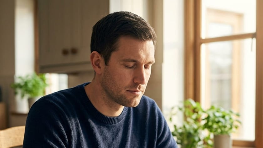 Homem de suéter azul, de olhos fechados e mãos unidas sobre uma Bíblia aberta na mesa.