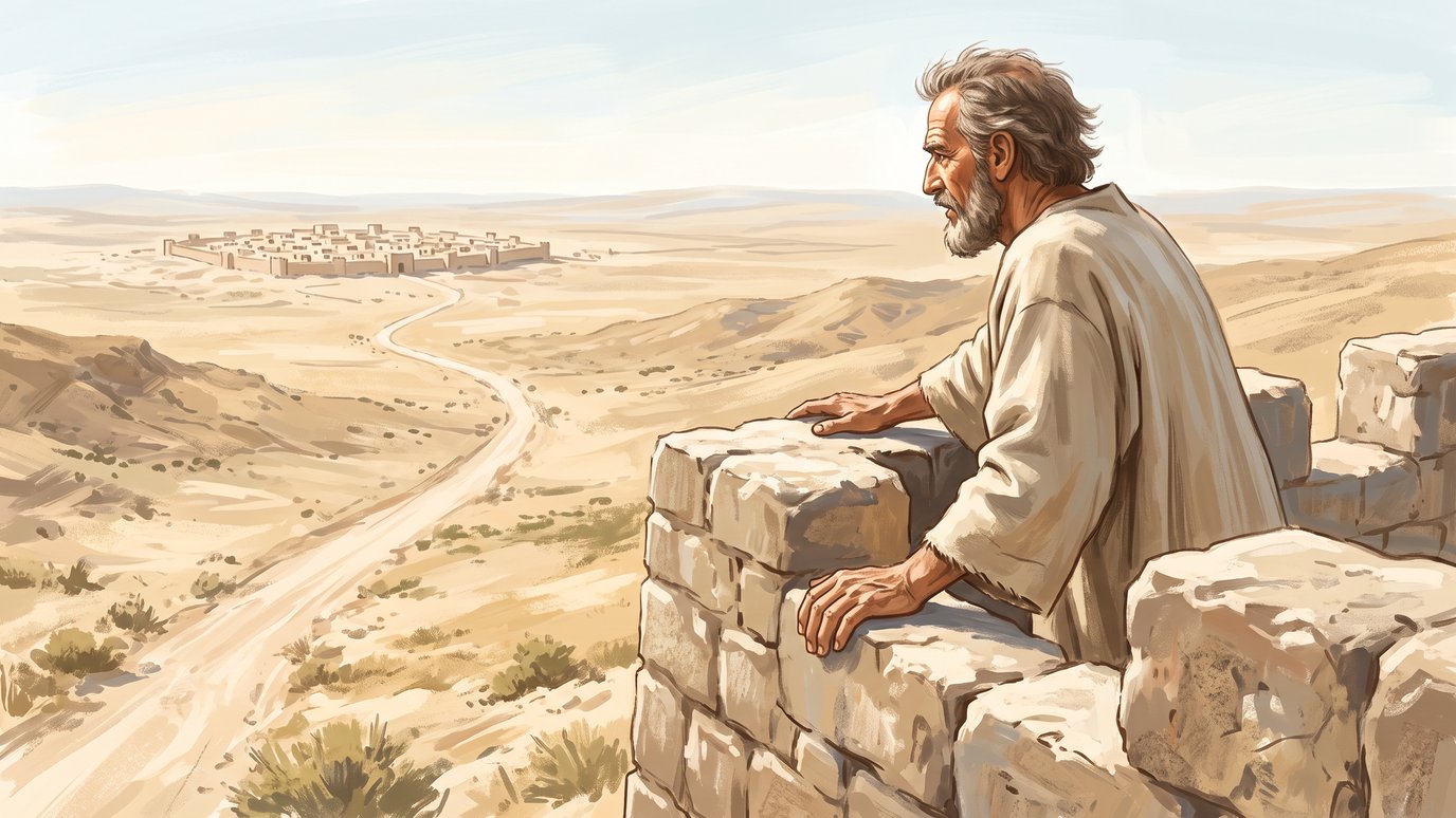 Homem barbado apoiado em um muro de pedras observa uma cidade murada no deserto.