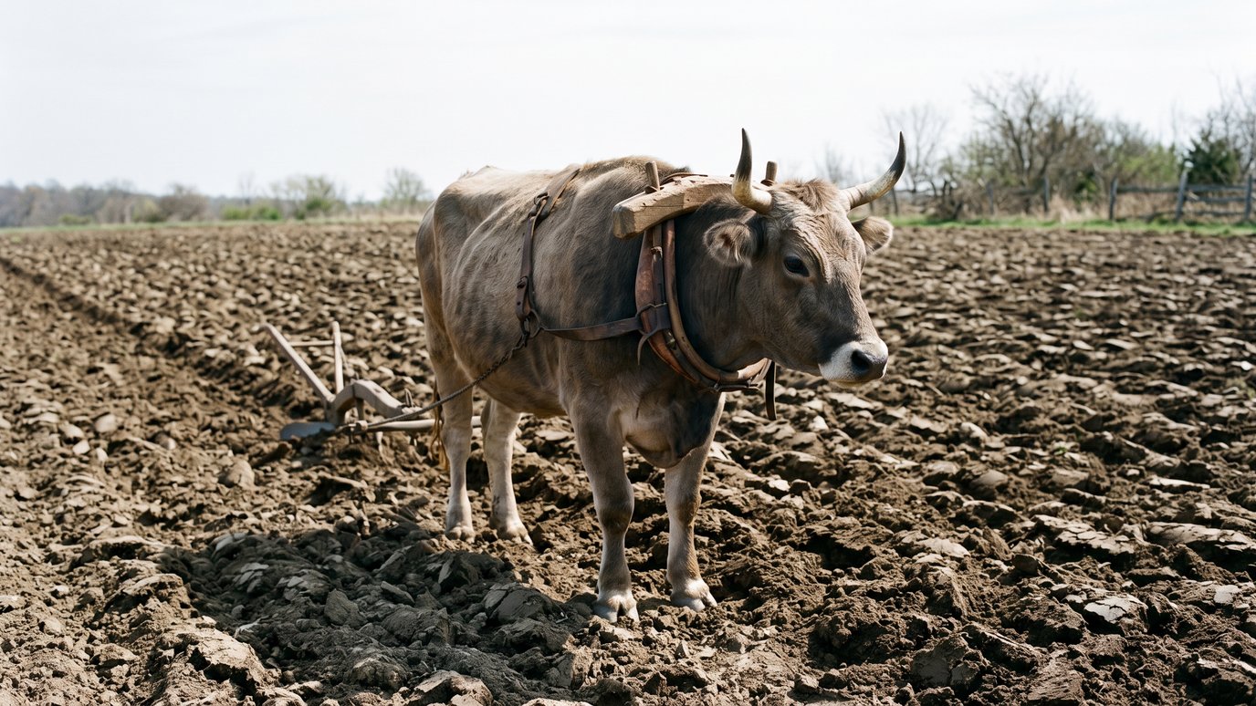 Boi atrelado a um arado em um campo de terra recém-revolvida.