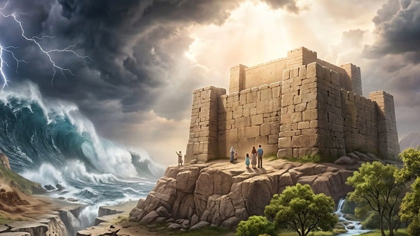 Família observa tempestade, onda gigante e terra rachada, de uma fortaleza de pedra sobre rochedo.