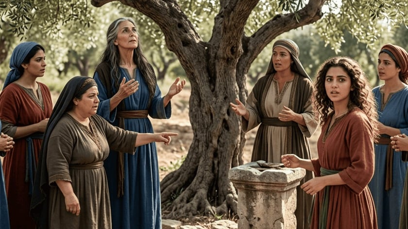Seis mulheres de túnicas antigas conversam e gesticulam sob uma oliveira