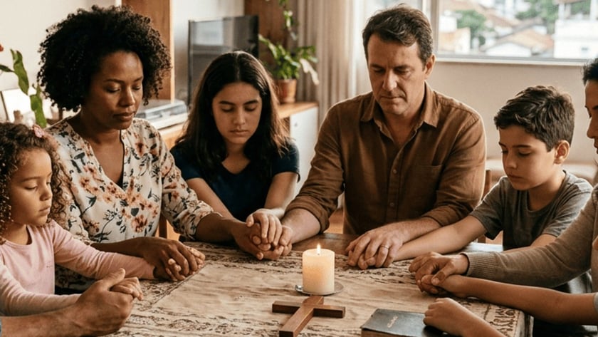 Família de mãos dadas e olhos fechados reza ao redor de uma mesa com vela, cruz e Bíblia.