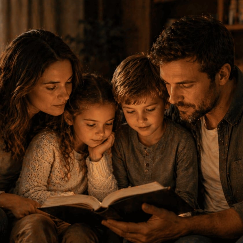 Família com dois filhos lendo juntos um livro grande no sofá, ao lado de uma luminária.