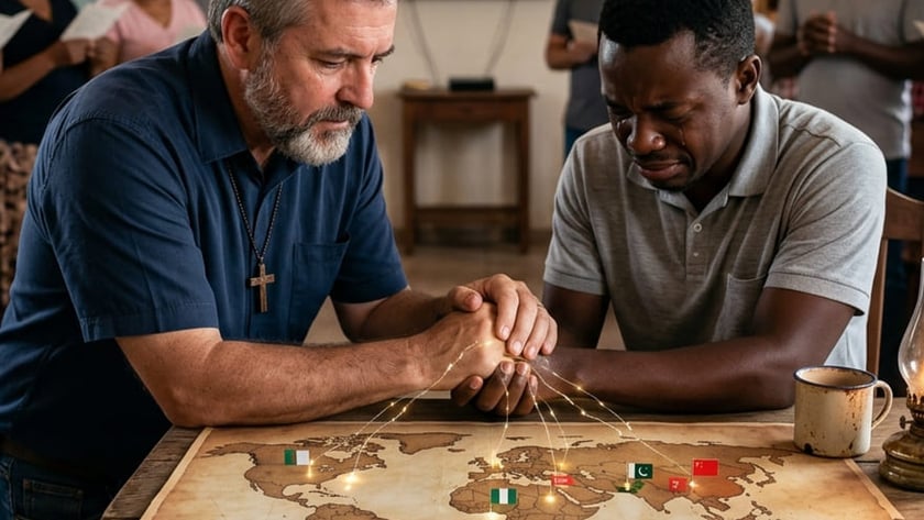 Dois homens de mãos dadas rezam sobre um mapa-múndi, com uma Bíblia aberta e pessoas ao fundo.