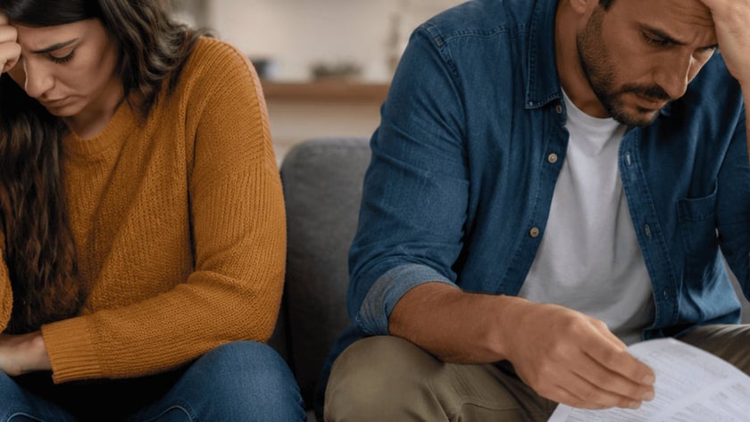 Homem e mulher sentados no sofá, de cabeça baixa, com contas e calculadora na mesa.