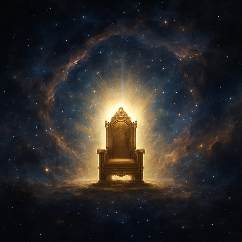 Trono dourado ornamentado, vazio, brilhando no meio do espaço estrelado com nebulosa ao redor.