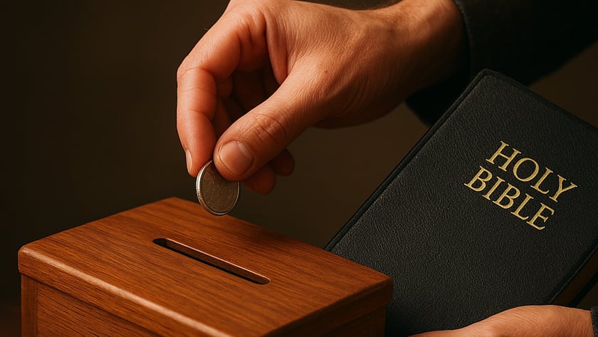 Mão coloca moeda em cofre de madeira, enquanto outra segura uma Bíblia: "HOLY BIBLE"