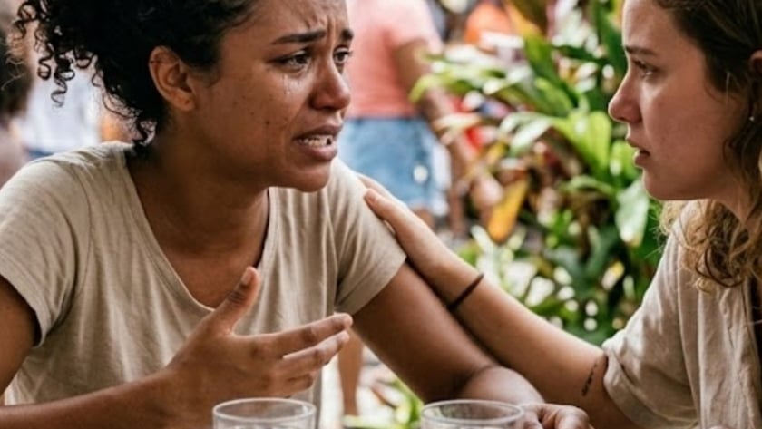 Mulher de cabelo cacheado chora à mesa de feira enquanto uma mão toca seu ombro.