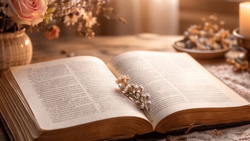 Livro aberto com flor seca entre as páginas, sobre mesa de madeira com vela e flores.