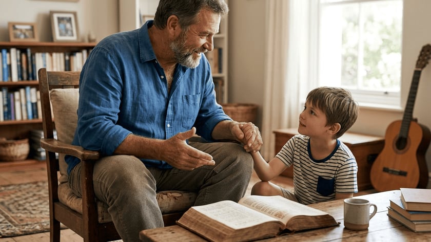 Homem de barba conversa com um menino sentado ao lado de uma mesa com livro aberto.